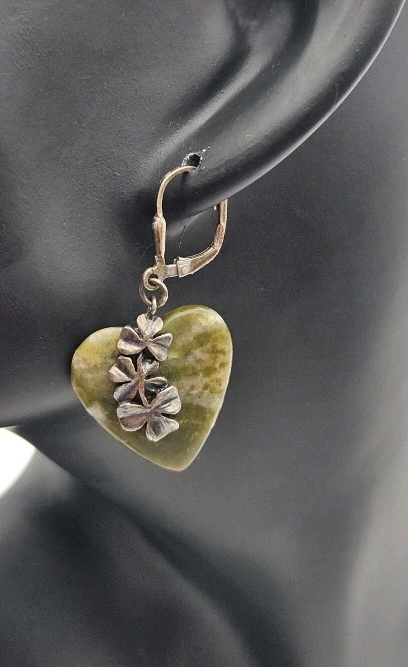 925 Ireland Connemara Marble Heart Shamrock Earrings Sterling Silver...
